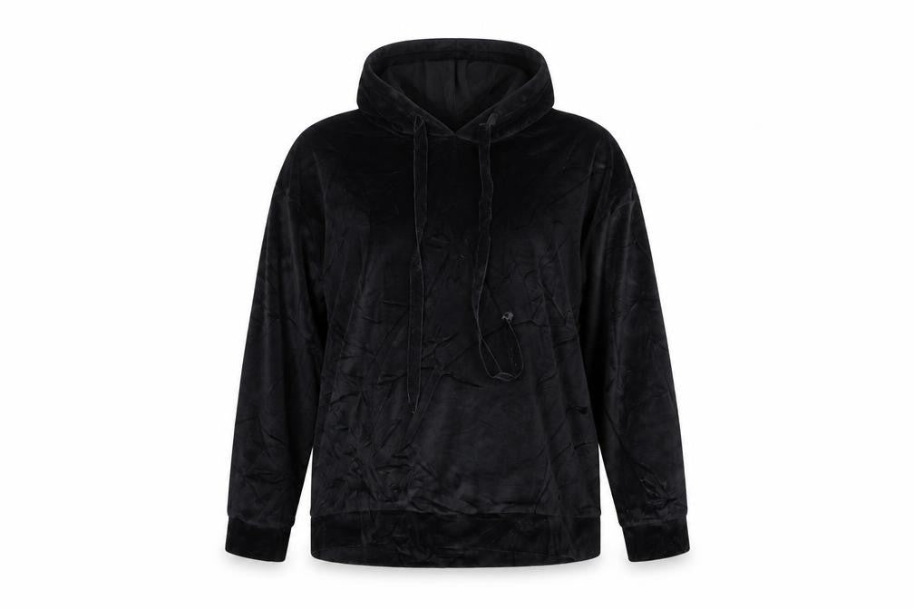 Front view of women’s black cotton pullover hoodie, size 2XL