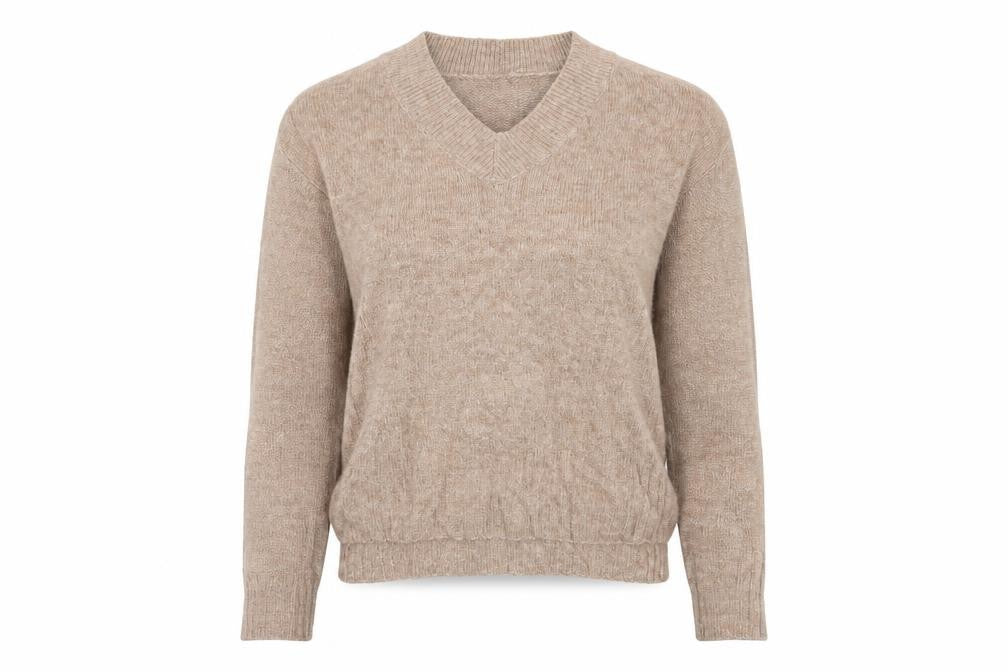 Front view of Primark women’s beige v-neck acrylic jumper, size UK 4