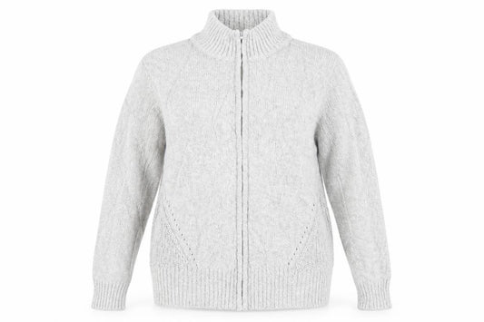 Front view of EWM women’s grey crew neck cotton full zip jumper, size UK 18