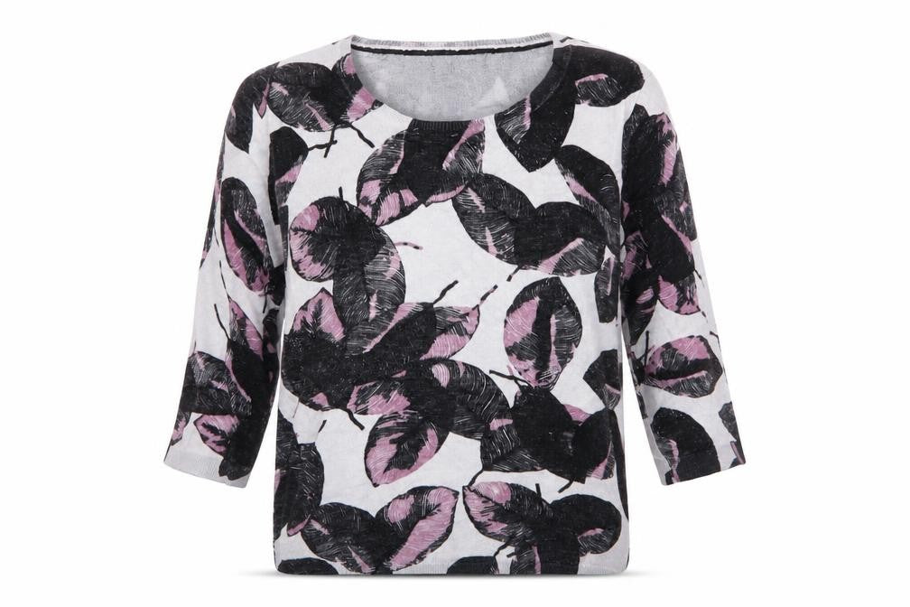 Front view of Clements Ribeiro women’s grey round neck floral viscose jumper, size M, - black & pink leaf pattern