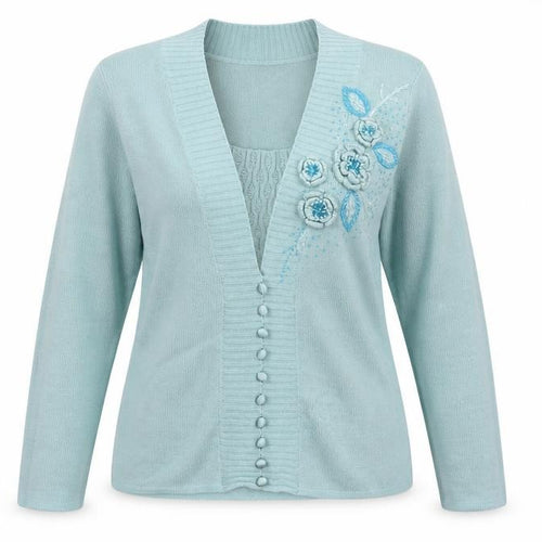 Damart Womens Blue V-Neck Floral Acrylic Cardigan Jumper Size 14   - 3D Flowers