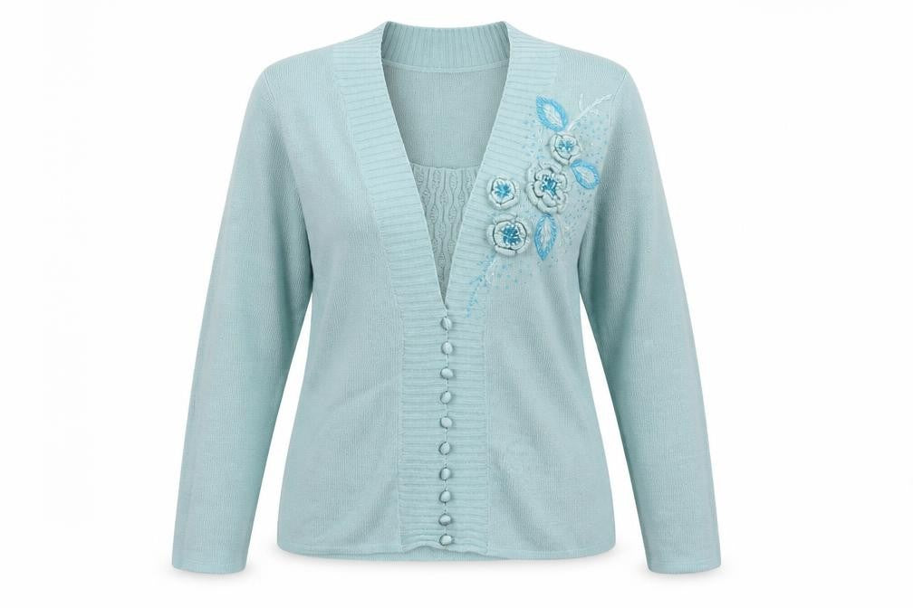 Damart Womens Blue V-Neck Floral Acrylic Cardigan Jumper Size 14   - 3D Flowers