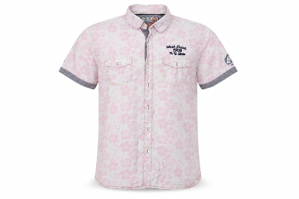 Front view of Lee Cooper men’s pink floral cotton button-up, size L, collared