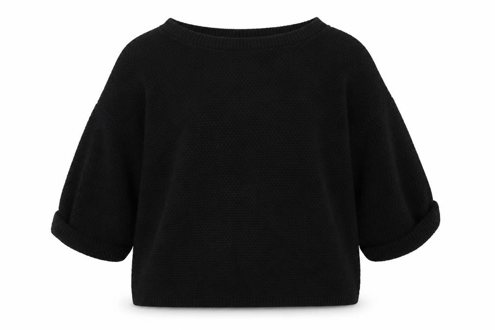 Front view of Preworn women’s black round neck acrylic jumper, size S