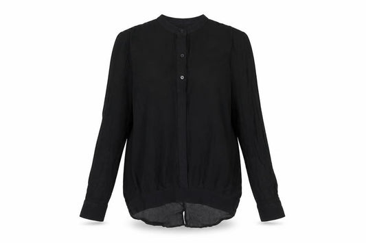 Front view of Next women’s black viscose basic button-up, size UK 12, crew neck