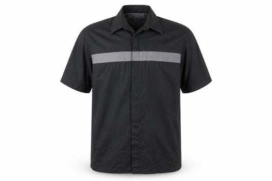 Front view of River Island men’s grey polyester button-up, size L, collared