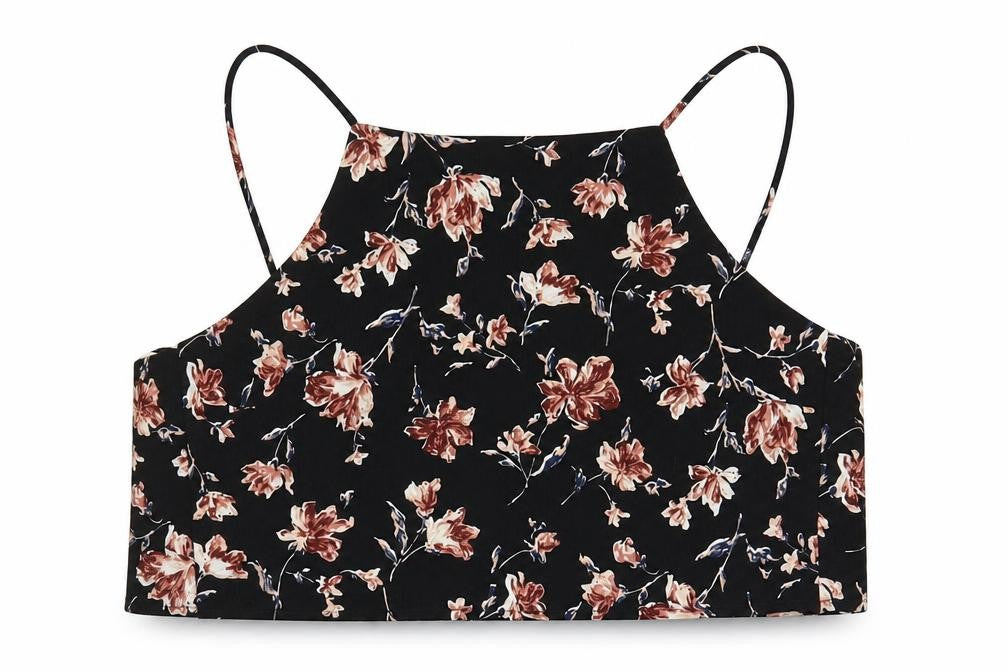 Front view of Glamorous women’s black floral polyester basic tank, size XS, off the shoulder