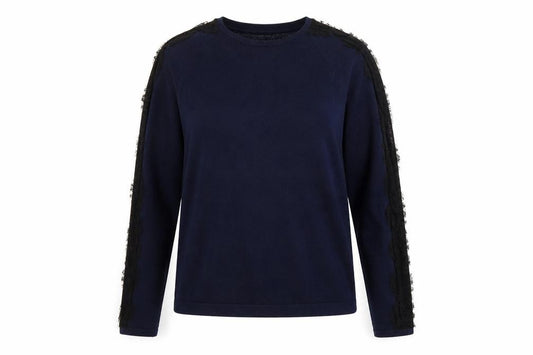 Front view of Warehouse women’s blue round neck viscose jumper, size UK 12
