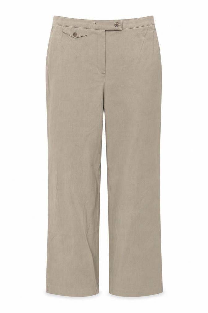 Front view of JM Collection women’s beige polyester trousers, size UK 12, 28-inch leg regular