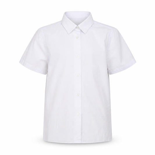 Front view of Marks & Spencer boys’ white polyester basic button-up, size 7-8, years collared - school wear