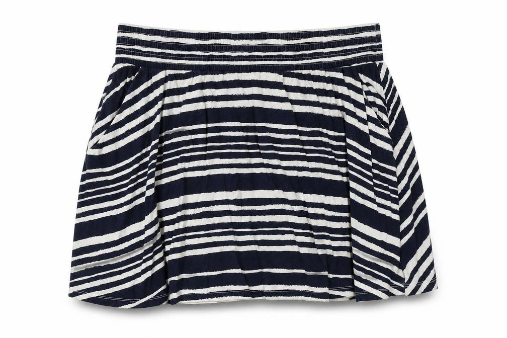 Front view of H&M women’s blue striped cotton flare skirt, size M