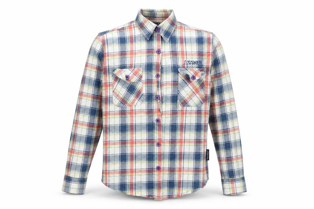 Front view of d'shea men’s blue plaid cotton button-up, size M, collared
