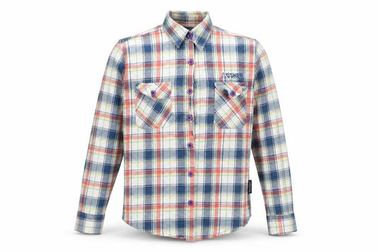 Front view of d'shea men’s blue plaid cotton button-up, size M, collared