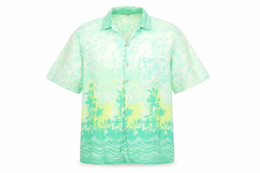 Front view of Bambu men’s green floral cotton button-up, size L, collared