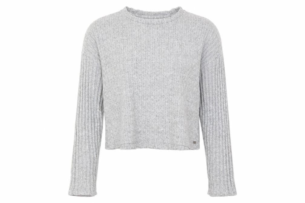 Front view of Pull&Bear women’s grey striped viscose basic t-shirt, size L, round neck