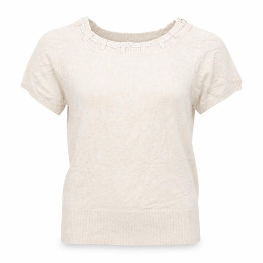 Front view of Debenhams women’s beige viscose basic t-shirt, size UK 14, boat neck