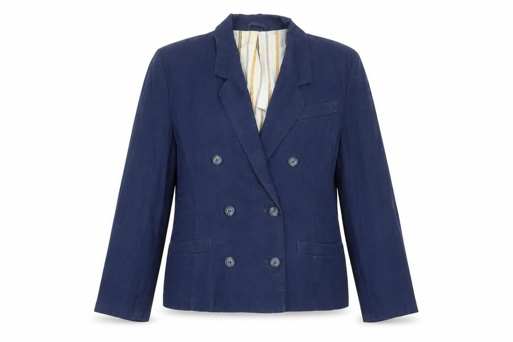 Front view of St Michael women’s blue cotton jacket suit jacket, size UK 14