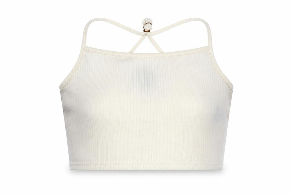 Front view of Divided women’s white polyester cropped tank, size L, round neck