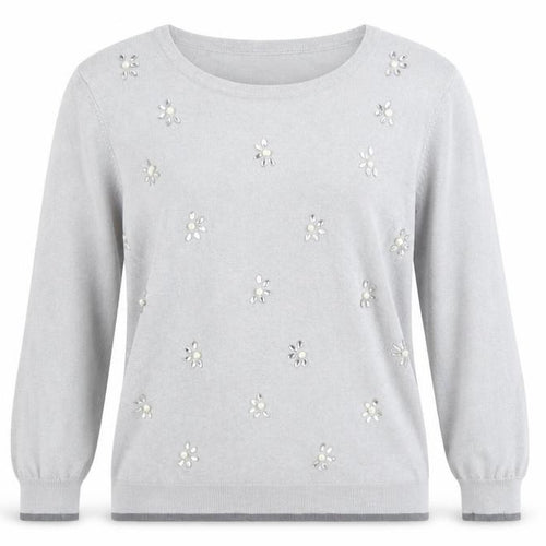 Classic Womens Grey Round Neck Floral Acrylic Pullover Jumper Size M