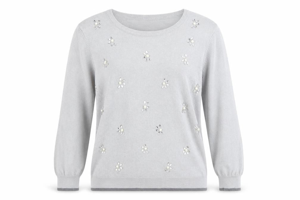 Classic Womens Grey Round Neck Floral Acrylic Pullover Jumper Size M