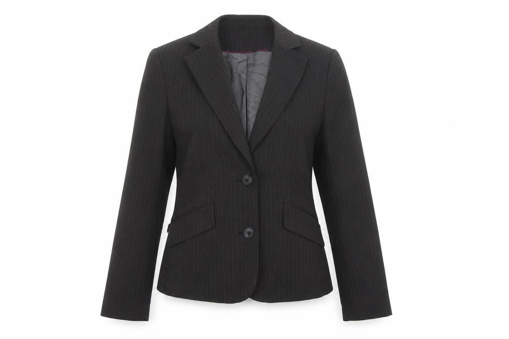 Front view of Mexx women’s black striped polyester jacket blazer, size UK 8