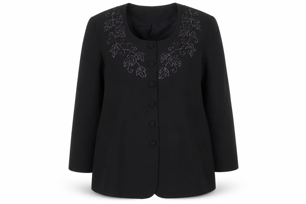 Front view of Richards women’s black overcoat jacket, size UK 16