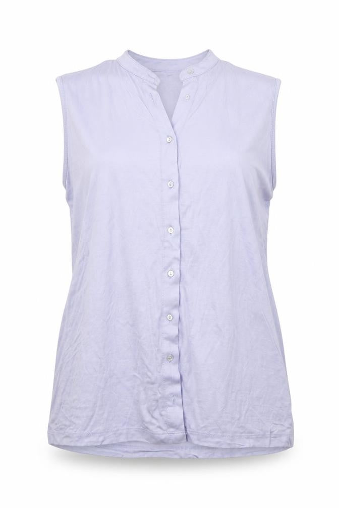 Front view of Marks & Spencer women’s blue viscose basic button-up, size UK 16, mock neck