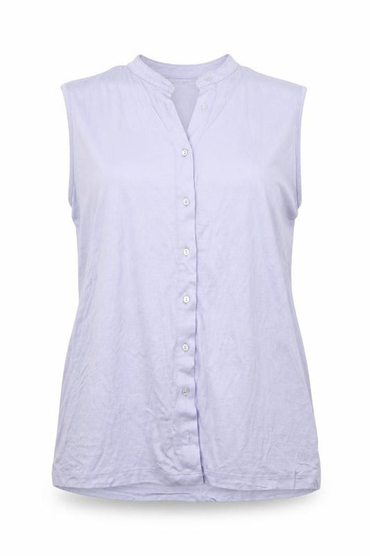 Front view of Marks & Spencer women’s blue viscose basic button-up, size UK 16, mock neck