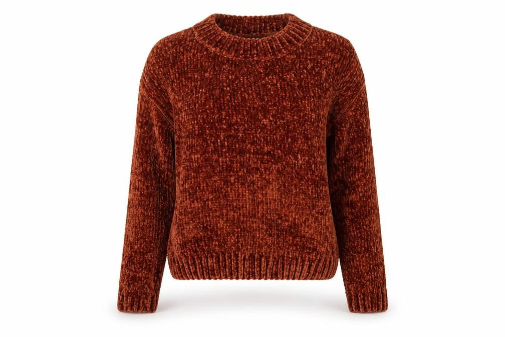 Front view of Daisy Street women’s brown round neck polyester jumper, size UK 6