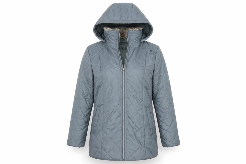 Front view of Anne De Lancay women’s grey overcoat coat, size S