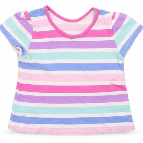 George Girls Pink Striped Cotton Basic T-Shirt Size 6-9 Months Round Neck  - Pink Purple Blue White Aqua Stripes
