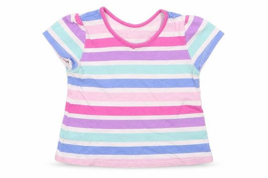 Front view of George girls’ pink striped cotton basic t-shirt, months round neck - pink purple blue white aqua stripes