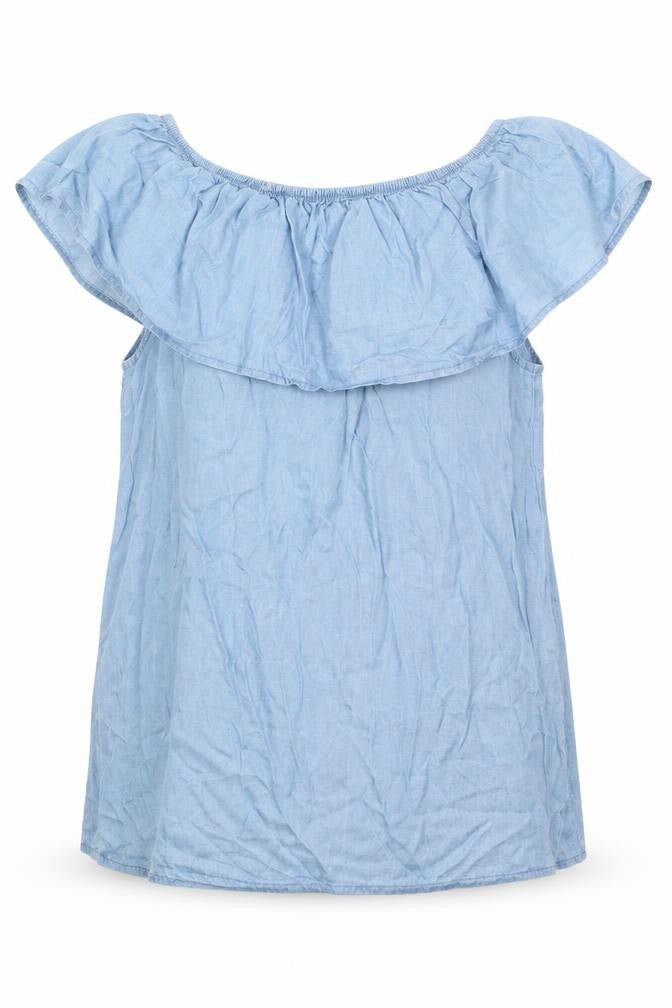 Quiz Womens Blue   Basic Blouse Size XS Off the Shoulder - Pale blue top with frill Elasticated shoulders