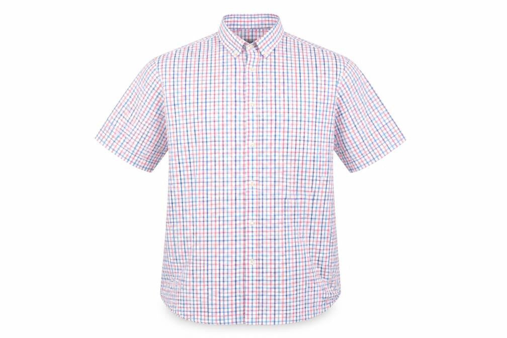 Marks and Spencer Mens Multicoloured Check Cotton  Button-Up Size L Collared  - Blue Red Orange White Teal check Buttoned collar