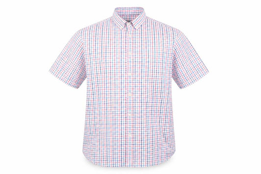 Front view of Marks & Spencer men’s multicoloured check cotton button-up, collared - blue red orange white teal check