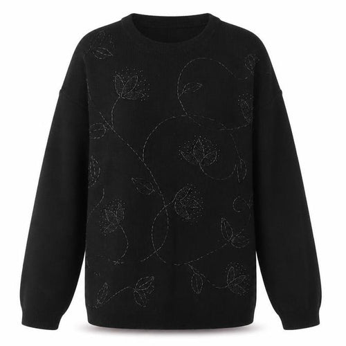 Akal Womens Black Round Neck Floral Acrylic Pullover Jumper Size S