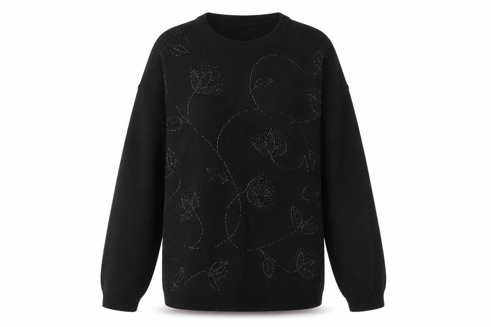 Akal Womens Black Round Neck Floral Acrylic Pullover Jumper Size S