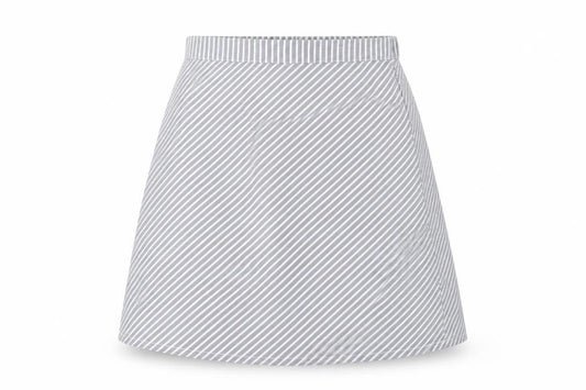 Front view of Villa Clothin women’s grey striped cotton a-line skirt, size UK 36, in