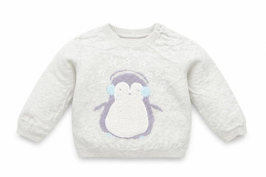 Front view of Mini Club girls’ grey viscose jumper, size 6-9, months - penguin