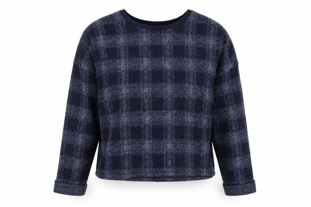 Front view of Topshop women’s blue plaid wool pullover sweatshirt, size UK 14