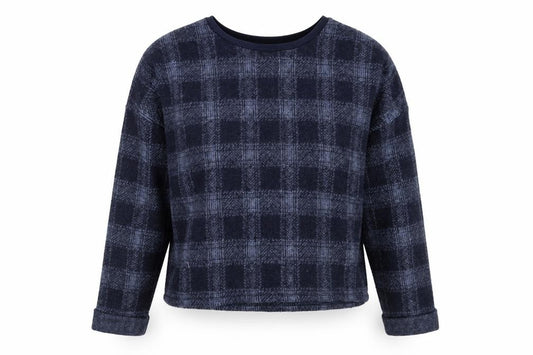 Front view of Topshop women’s blue plaid wool pullover sweatshirt, size UK 14
