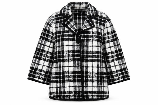 Front view of Casamia women’s multicoloured check acrylic jacket suit jacket, size M