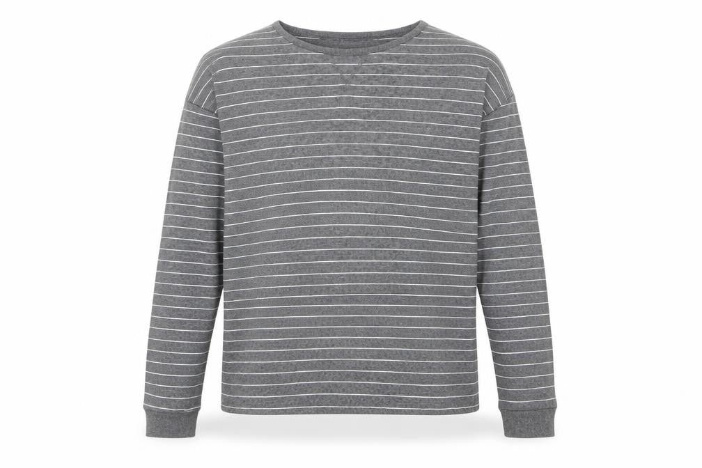 Front view of VILA men’s grey round neck striped polyester jumper, size S