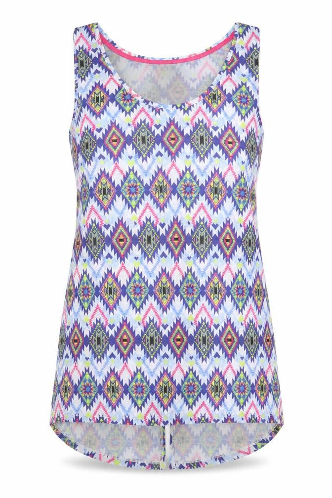 Front view of Dunnes women’s blue geometric polyester basic tank, size UK 10, round neck
