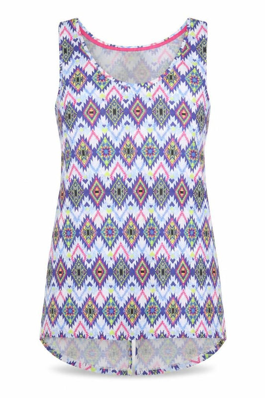 Front view of Dunnes women’s blue geometric polyester basic tank, size UK 10, round neck