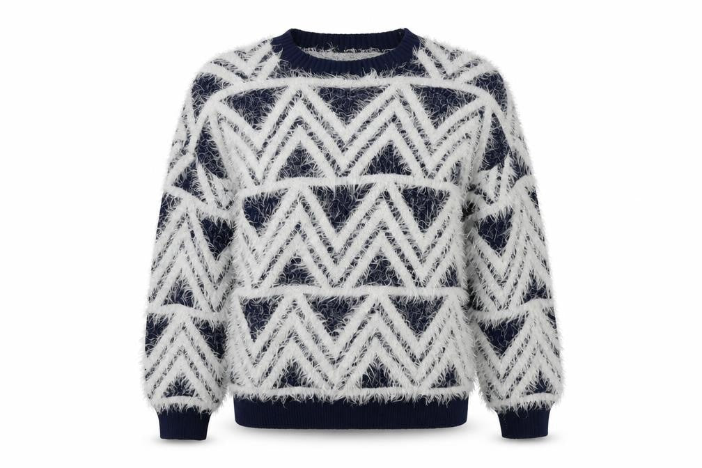 Front view of Best Live women’s blue crew neck geometric acrylic jumper, size S