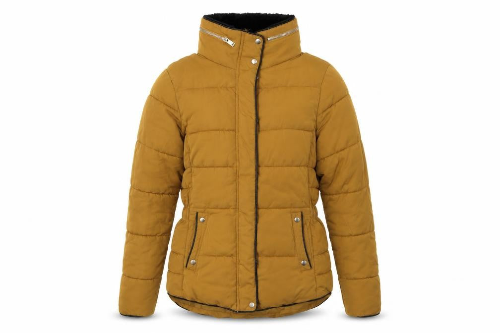 Front view of New Look women’s yellow puffer jacket jacket, size UK 8