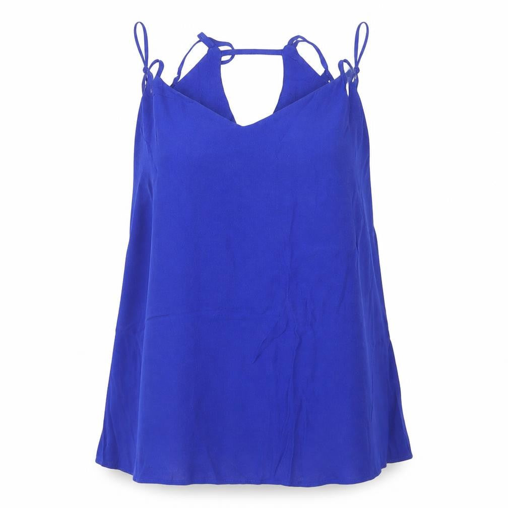 Front view of F&F women’s blue basic blouse, size UK 14, v-neck