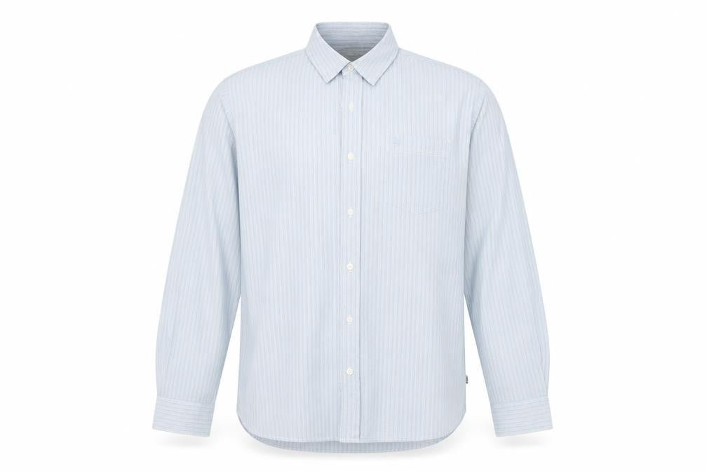Front view of Timerland men’s multicoloured striped cotton button-up, size L, collared