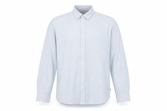 Front view of Timerland men’s multicoloured striped cotton button-up, size L, collared